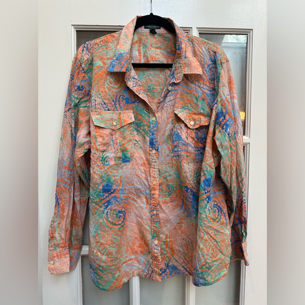 LRL Lauren Jeans Paisley Peach Blouse Boho Colorful Button Up Chic  Plus Size 2X